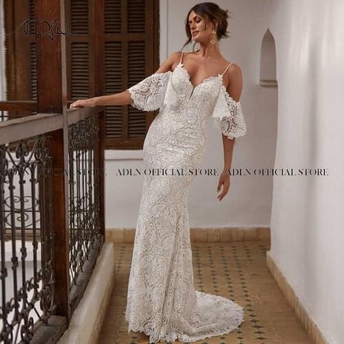 ADLN 2021 Lace Mermaid Wedding Dress Spaghetti Straps Backless Wedding Gown Vestido de Novia White Ivory Boho Bridal Dress