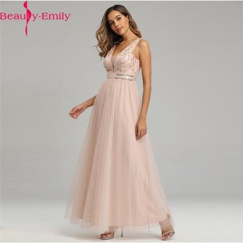 Beauty Emily Sexy V Neck Patchwork Evening Dress 2020 Charming Sleeveless Zipper Back Pink A-line Formal Party Gown Real Photo