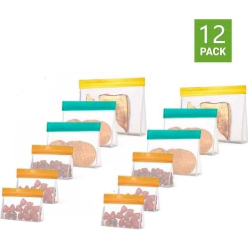 12 Pieces/Set Of Standing PEVA Food Storage Bag Upgrade Leak-Proof Top Reusable Refrigerator Sandwich Self-Sealing Silicone Bag
