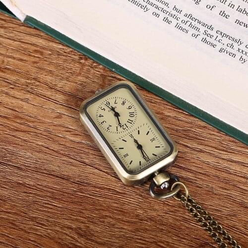 Quartz Pocket Watch Double Time Display Zone Unisex With Chain Antique Rectangle Bronze Pocket Watch For Birthday Gifts