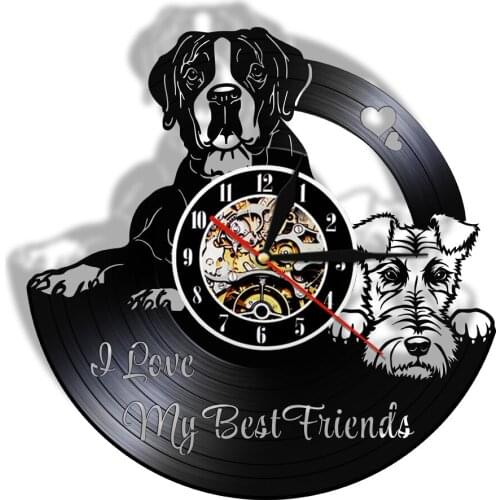 Best Friends Boxer And Fox Terrier Dog Laser Cut Longplay Wall Clock Artwork Wall Watch For Pets Shop Vinyl Album Record Clock