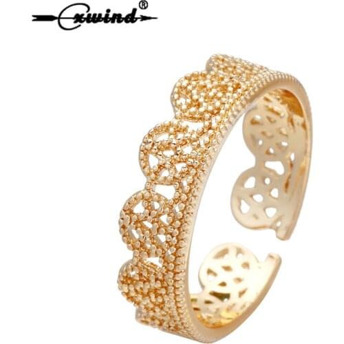 Cxwind Fashion Gold Color Hollow Crown Shaped Rings For Women Party Wedding Flower Ring Statement Jewelry Wholesale