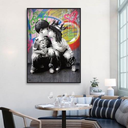 Kids Kiss Street Art Canvas Paintings On The Wall Art Posters And Prints Graffiti Art Canvas Pictures For Living Room Wall Decor