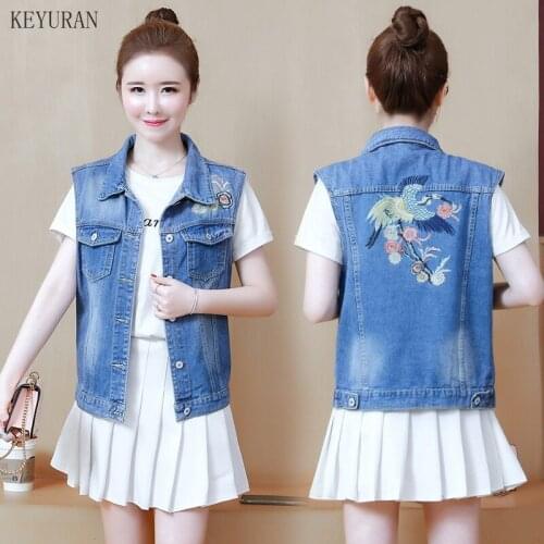 Denim Vest Jacket Women Short Waistcoat Korean Casual Embroidery Plus size Slim Sleeveless Coat Women Vintage Jeans Vest Female