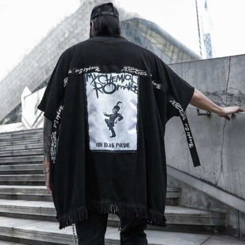 Men spring summer tassel hem oversized t shirt punk hip hop cape man vintage casual funny tshirts gothic street style tees tops