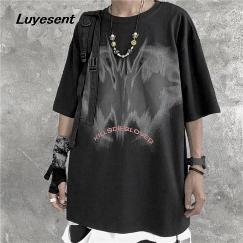 Dark Goth Unisex Girl Loose T Shirt Summer Lady O Neck Abstract Bat Letter Print Black White Harajuku T-shirt Street Casual Tops