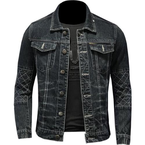 2021 Retro Jeans Jacket Men Denim Coat Autumn Motorcycle Embroidery Stand Collar Long Sleeve Slim Dark Color Cowboy Outwear