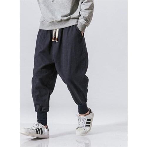 5XK Men Harem Pants Japanese Casual Cotton Linen Trouser Man Jogger Pants Chinese Baggy Pants sweatpants navy blue large size