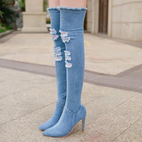 New Style Women Kneeboots New Style Fashion Ripped Jeans Comfortable Styetch Fabric Women Shoes Female Casual Breathable Boots