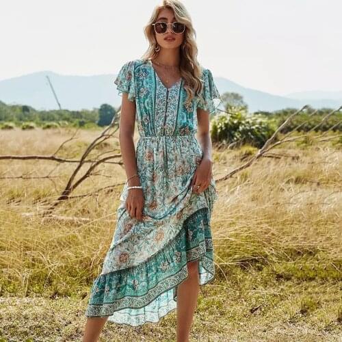Maxi Dresses For Women Casual Boho Clothing Green Patchwork Flroal Print Bohemian Summer Fashion V Neck Vacation Party Dress