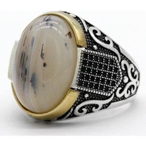 Genuine Pure 925 Sterling Silver Rings With Agate Stone Antique Wedding Rings For Men Turkish Punk Rock Jewelry Gift Women Rings