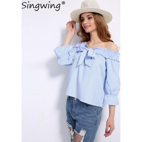 Singwing Bow striped Cotton shirt Women Casual Off the Shoulder Blouse Shirt Female Sexy Strapless long sleeved Blouse Tops