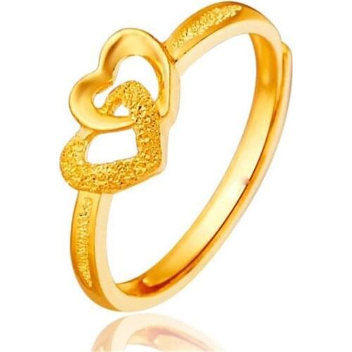 Luxury Romantic 24k Gold Color Love Heart Finger Rings For Women Girls Wedding Party Jewelry Ring Adjustable
