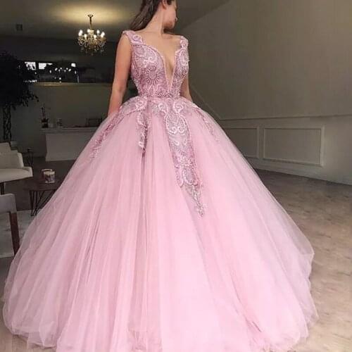 Pink princess beading appliques sweet 16 girls quinceanera dresses ball gown tulle prom debutante sixteen sweet party dresses