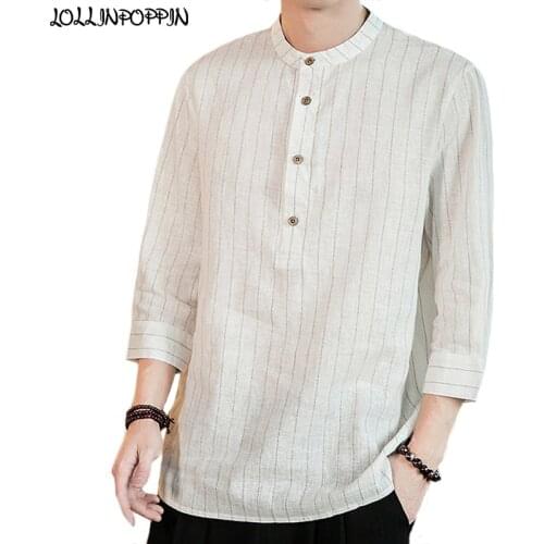 Men Stripe Linen Shirt Half Button Up Mandarin Collar Loose Casual Shirts Asymmetric Bottom Cotton & Linen Shirt