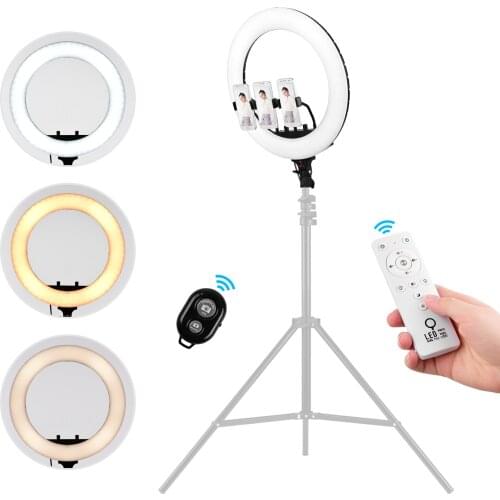 18inch Video LED Ring Light Dimmable 3000-7000K Remote Control with 3 Phone Clamps Phone Remote Shutter for Photography Live