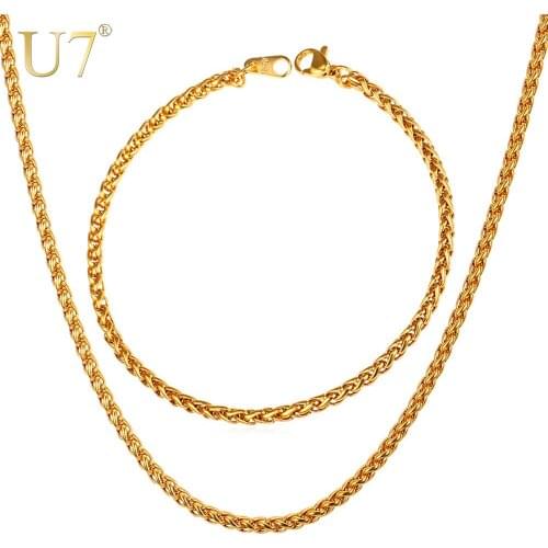 U7 New Trendy Necklace Set Men Jewelry Wholesale Gold Color 3MM Width Wheat Chain Necklace Bracelet Jewelry Sets S834