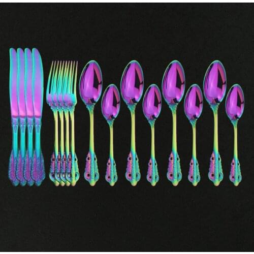 Vintage Western Rainbow Plated Cutlery 16pcs Dining Knives Forks Teaspoons Set Golden Luxury Dinnerware Engraving Tableware Set