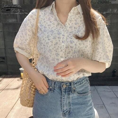 2021 Fresh Floral Short Sleeve Summer Shirt Lady Casual Hot Brief Blusas Women Chic Lapel Loose High Street Feminine Blouse10356