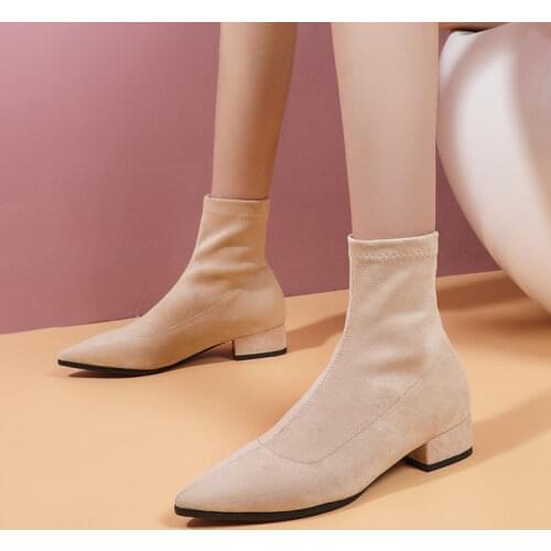 Size 32 33-43 Women Elastic Stretch Faux Suede Leather Boots Shoes Low Heels Slip ons Woman Short Booties Black Brown Nude Shoes