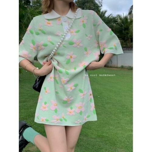 Womens Summer Dress Korean Style Flowers Loose Short-sleeved T-shirt Dress Female Design Sense Temperament Dress
