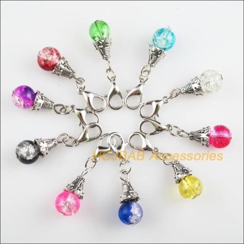 10Pcs Tibetan Silver Tone Cone Retro Mixed Shivering Glass 8x20mm With Lobster Claw Clasps Charms