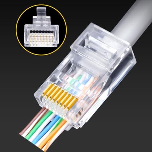 100Pcs 50U RJ45 Network Modular Plug 8P8C CAT5 CAT5E Cable Connector Gold Plated End Pass Through Crystal Heads