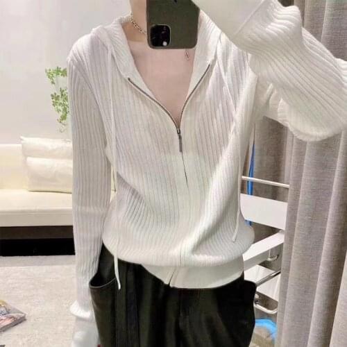 2021 Women Autumn Winter Twist Zipper Hooded Sweater Coat Knitted Cardigan Jacket Long Sleeve Outwear Korean Lady Knitwears