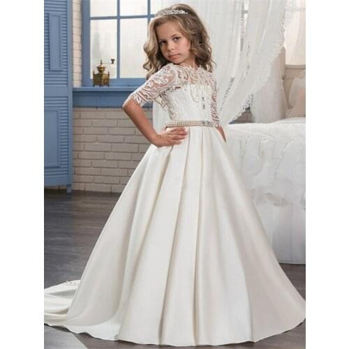 White Lace applique Flower Girl Dresses For Wedding Cascading Party Long sleeve Princess Girl Formal Dress First Communion Dress