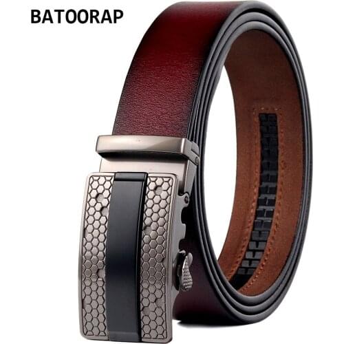 BATOORAP Mens Leather Belts Automatic Buckle Metal Retro Jeans Trouser Belt Strap Wine Red Durable Straps 35MM Width BA-FGZ029