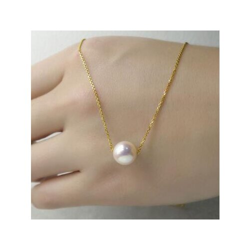 Free shipping 8-9MM Natural White Real Akoya Pearl Floating Pendant Necklace Yellow Gold