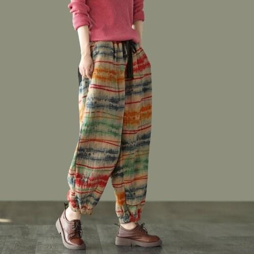 FairyNatural Female Cotton Linen Harem Long Pants Elastic Waist Loose Women Retro Striped Print Floral Trouser Spring Autumn