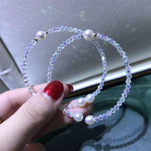 Girl gift daily jewelry simple shiny crystal chain with single natural real pearl bead open adjustable length bracelet female