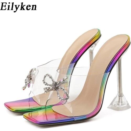 Eilyken Summer Slippers Women Evening Party Shoes PVC Transparent Crystal Butterfly Buckle Female Fashion Spike Heels Sandals