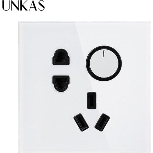 UNKAS 10A White Crystal luxury glass Wall Electrical Power Socket 5 hole Power Outlet and 1 Gang 1 Way Wall Light Switch