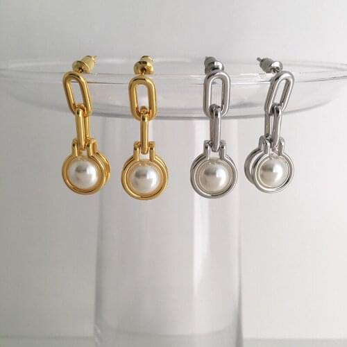 European and American street niche motorcycle style metal thick chain imitation pearl earrings ins simple temperament earrings