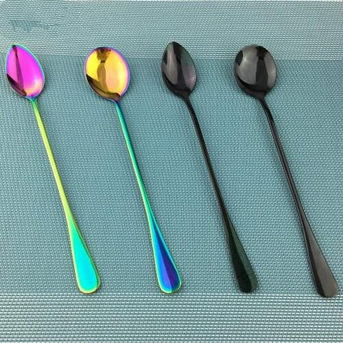 JASHII Rainbow Black Long Handled Good Stainless Steel Coffee Spoon Ice Cream Dessert Tea Coffee Fruit Juice Spoon For Picnic