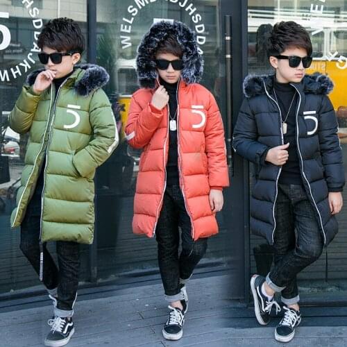 Winter New Boys Cotton-Padded Jackets Teens Childrens Thick Mid-Length 5 Word Hooded Zipper Cotton Jacket 4-5-6-7-8-9-10-11-12t