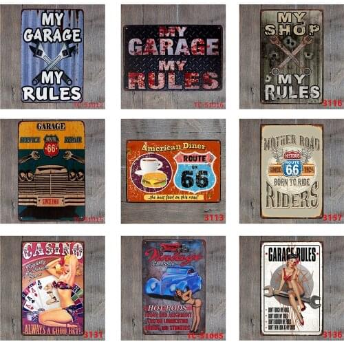 My Garage My Rules Metal Tin Signs American Diner Mother Road 66 Bar Shabby Chic Vintage Style Decorative Garage Wall Stickers
