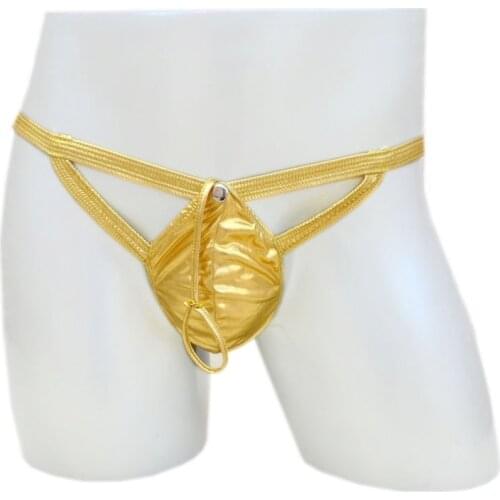 Mens Sexy Thong G-String Male Faux Leather Short Panties Gold Silver ZJH186T