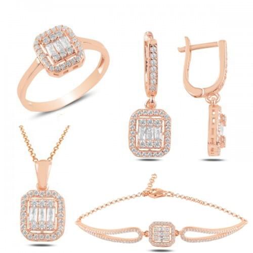 Silver Rose Plated Baguette Set and Bracelet, Silver Baguette Set, Rose Set, Made of 925 Sterling Silver