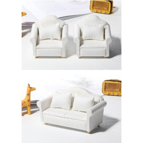 Pure White Armchair Couch Sofa with Pillow Set Dollhouse Miniatures 1:12 Scale Mini Wooden Sofa Safe and Non-Toxic