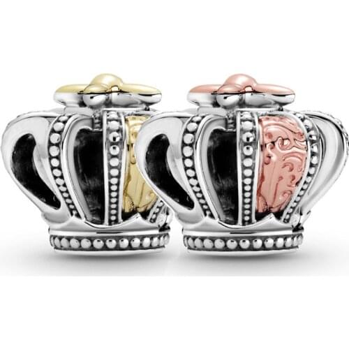 Original Openwork Rose Gold Two-tone Regal Crown Beads Fit 925 Sterling Silver Charm Pandora Bracelet Bangle Diy Jewelry