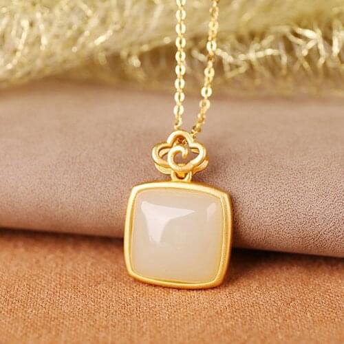 New silver inlaid natural Hetian white jade Square Pendant Necklace Chinese style retro minority design charm womens jewelry