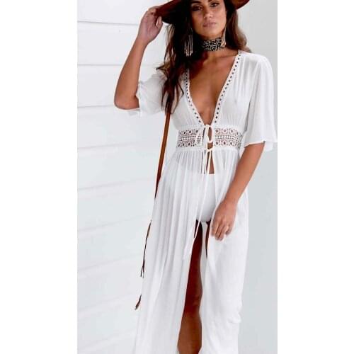 Sexy Women Beach Cover Up V Neck 3XL Plus Size Summer Dress Long Maxi Dress Tunic Pareo Robe Swimwear Bathing Suit Beachwear
