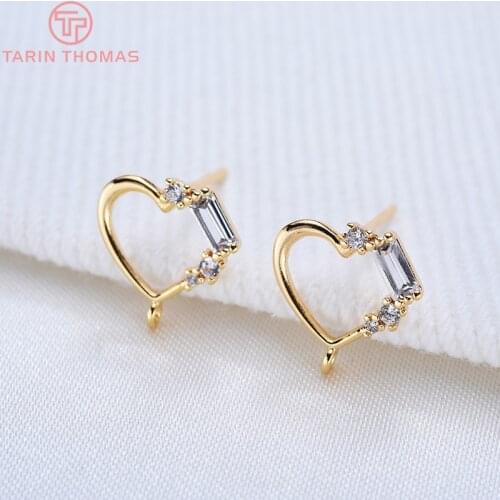 4PCS 11MM 24K Gold Color Brass with Zircon Heart Shaped Stud Earrings High Quality Jewelry Accessories
