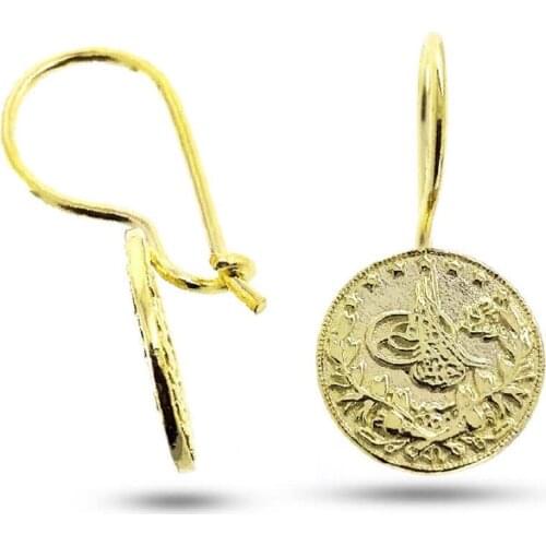 Gold Color Tuğralı Ottoman Benefit 925 K Silver Earrings