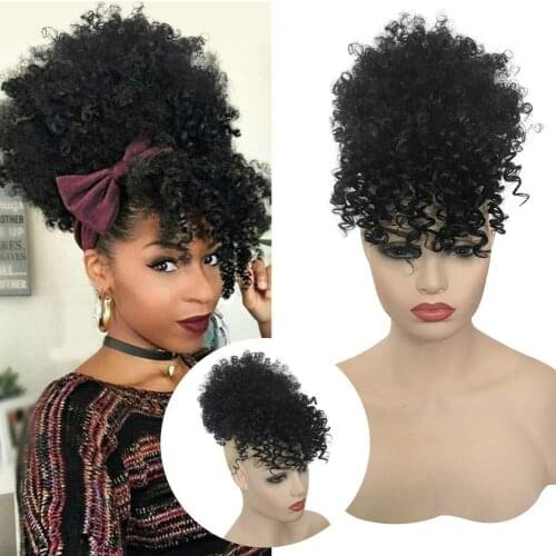 Hair Bun Chignon With Bangs Afro Puff Hair Bun Extensions Ponytail Updo For Women Curly Bangs Drawstring Synthetic Hair Bun