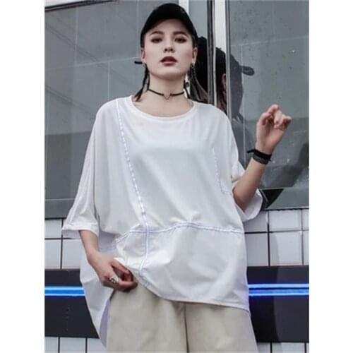 Special Price Bat sleeve large size summer t-shirt line loose round collar jacket irregular casual patchwork