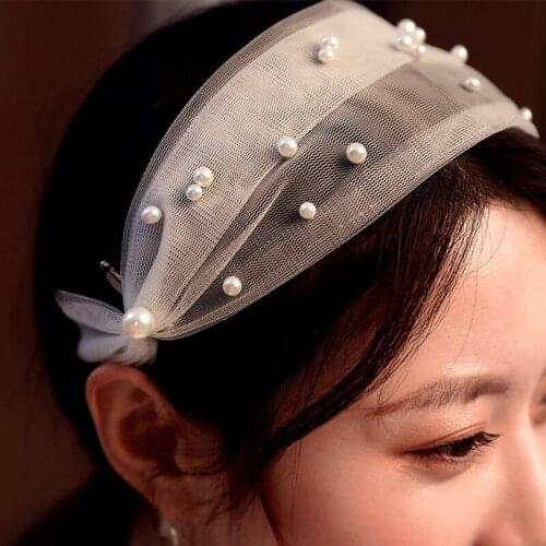 Wedding Hair Accessories Bridal Lace Pearls Headband Soft Yarn Headpiece Wedding Bridal Cocktail Headwear Simple Hair Jewelry